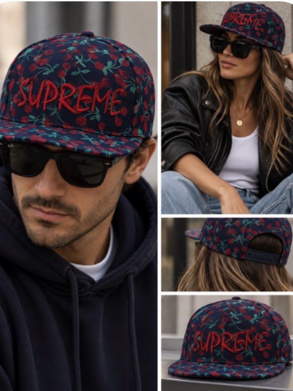 NWT Supreme Navy Snapback Hat with Red Cherry Embroidery